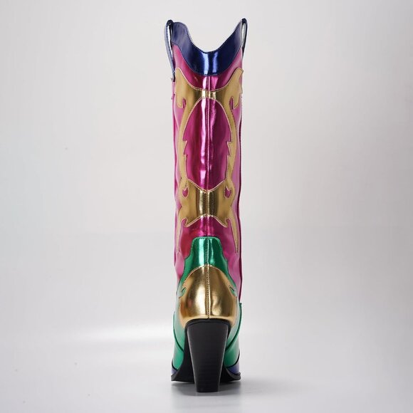 Women's Multicolor Metallic Mid Calf Western Pointed Toe Comfortable Heel Boots - Picture 6 of 6